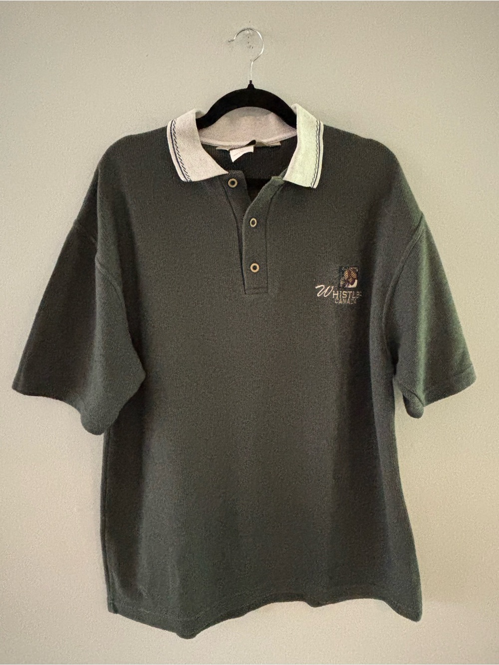 Vintage Whistler Canada Fleece Polo Shirt Olive Charcoal Grey Size XL
